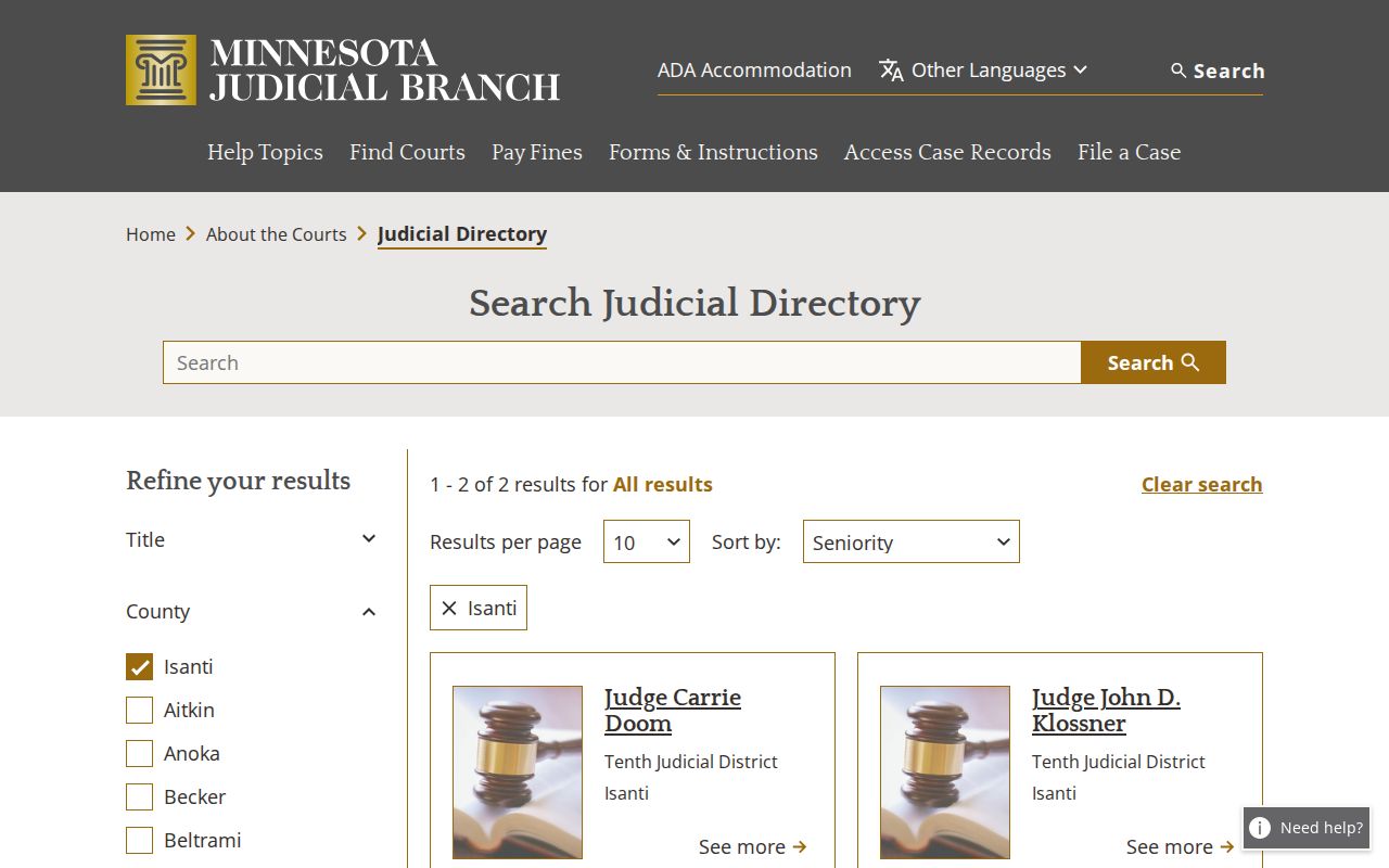Isanti County court docket judicial directory reference