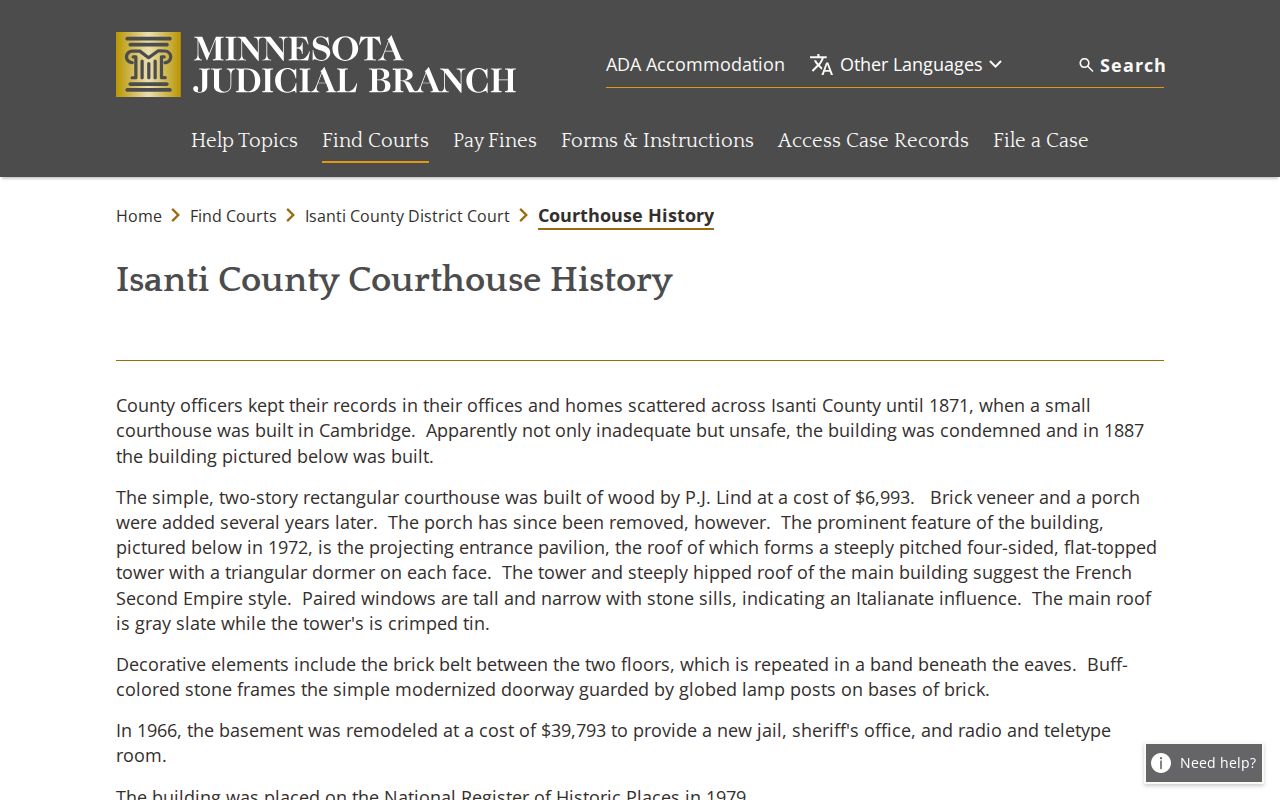 Isanti County court docket courthouse history reference