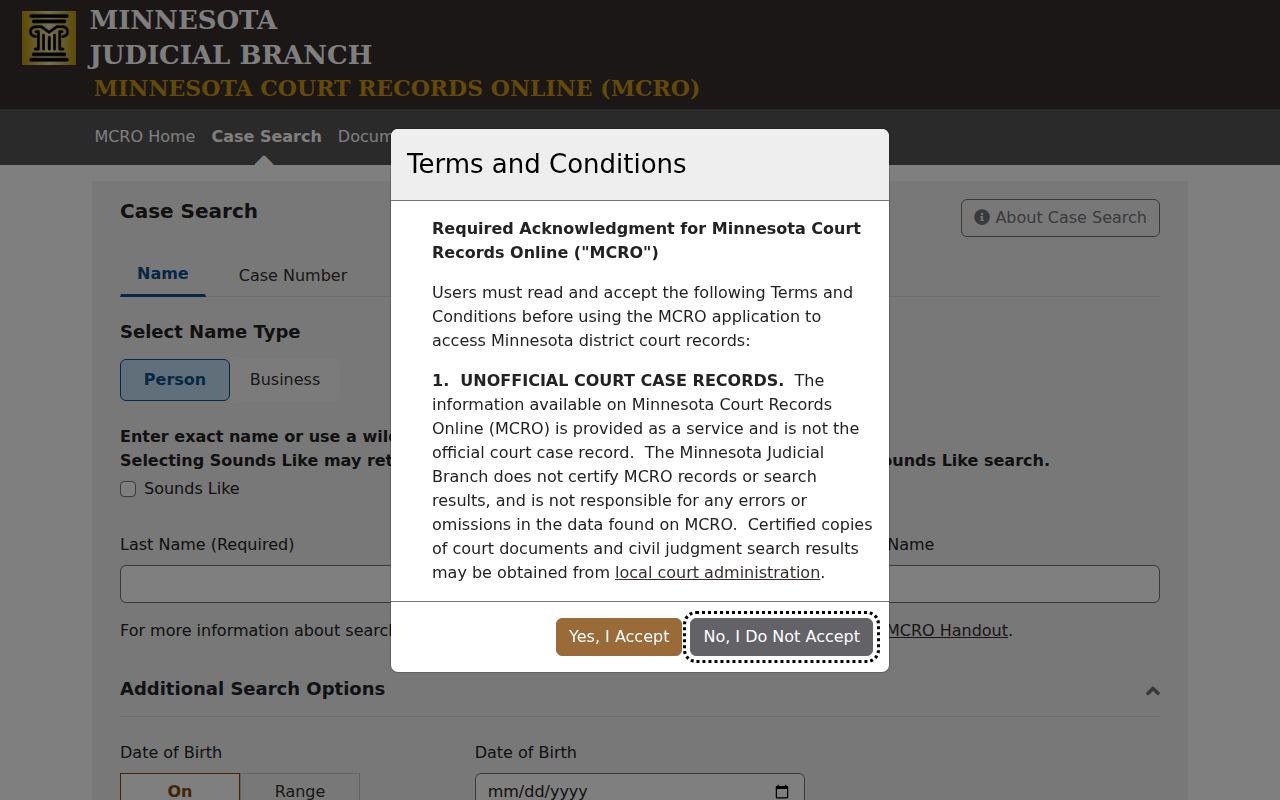 Isanti County case search MCRO Case Search screen