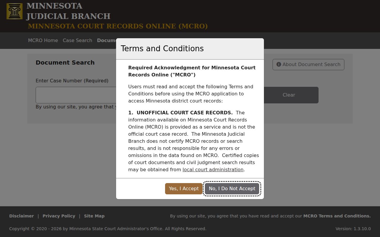 Isanti County case search MCRO Document Search screen