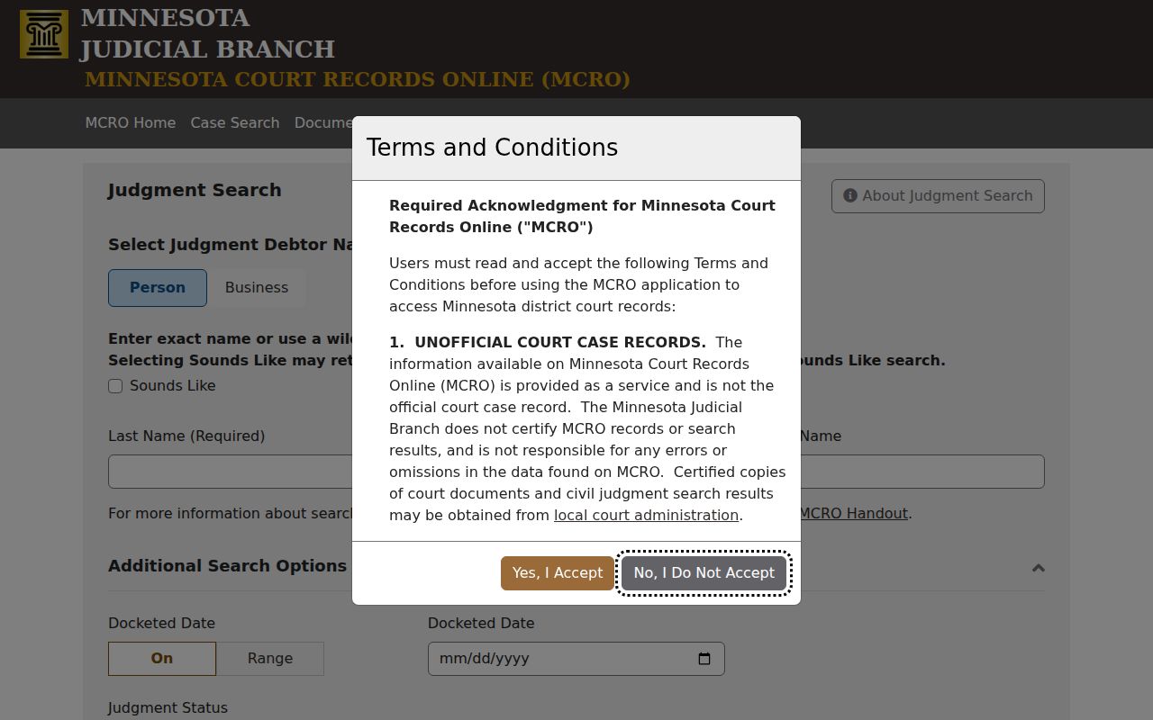 Isanti County case search MCRO Judgment Search screen