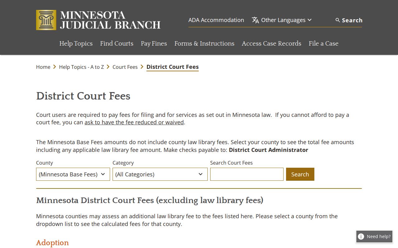 Isanti County court records district-court fee schedule source