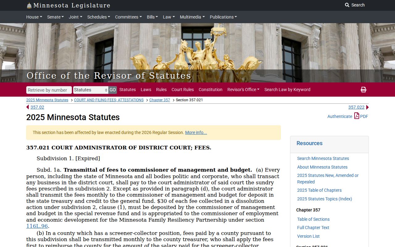 Isanti County court records Minnesota Statutes 357.021 source